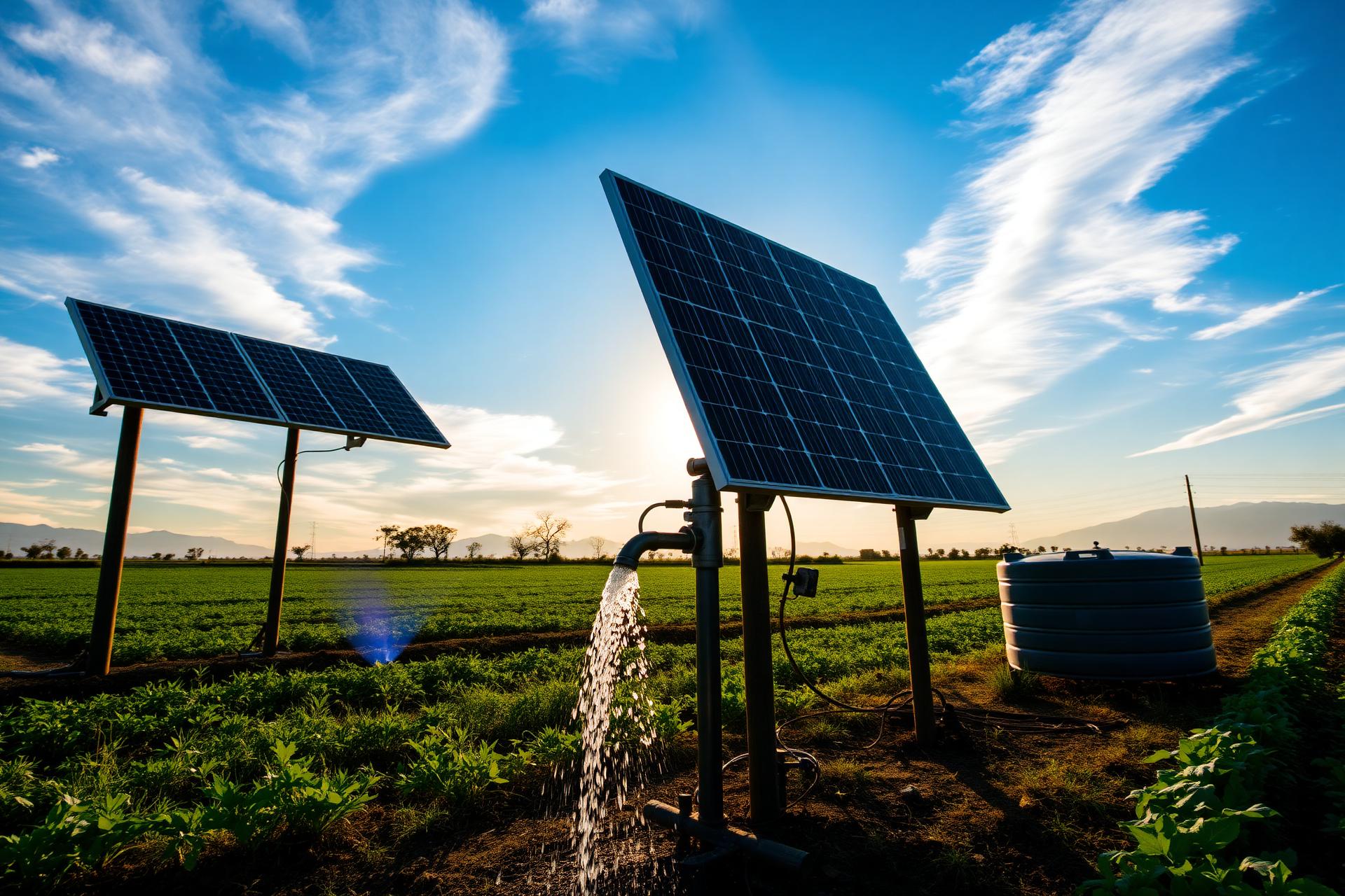 Sistema de bombeo solar regando un cultivo en el campo